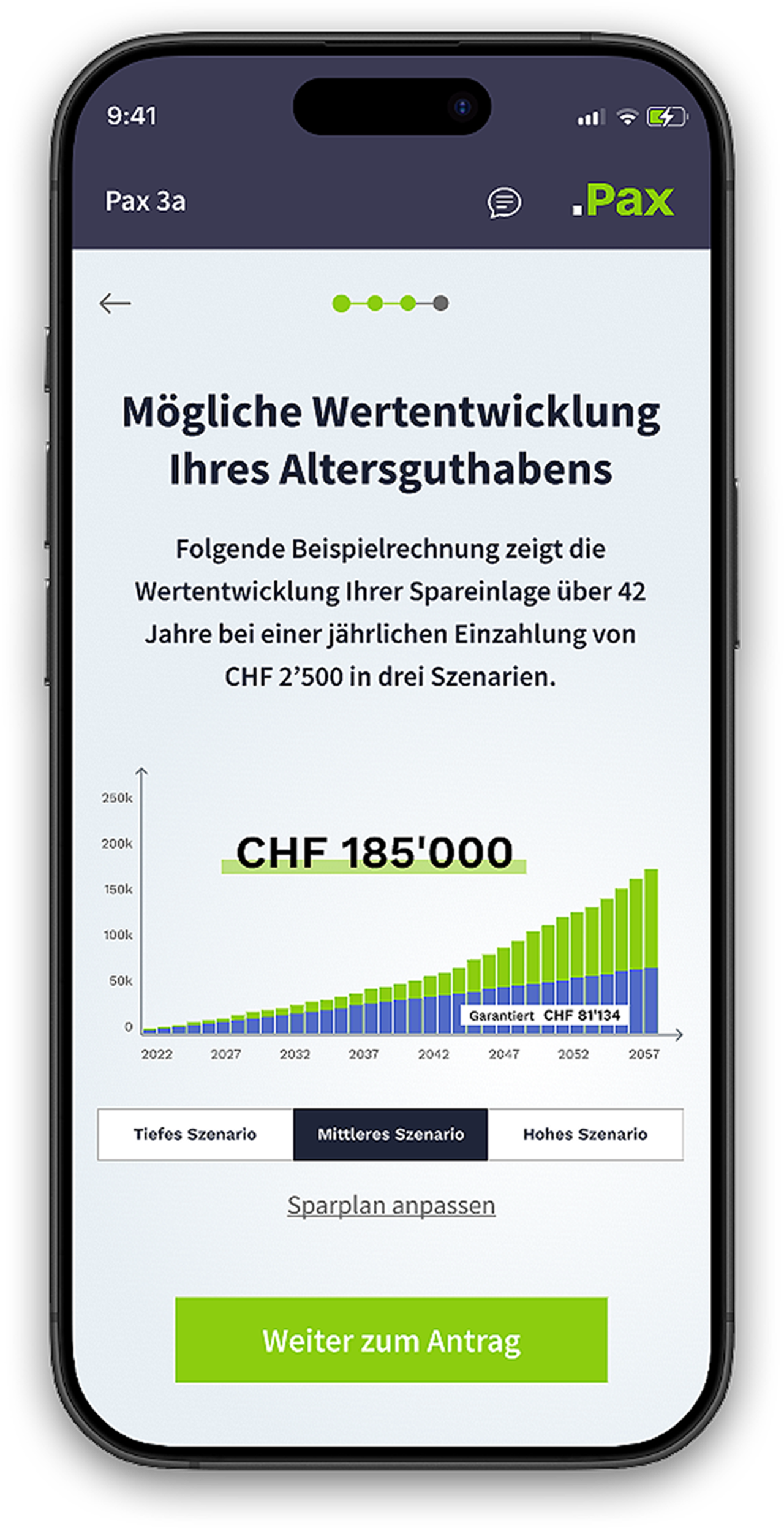 Smartphone mit Pax-3a-Simulation: Darstellung der möglichen Wertentwicklung der Altersvorsorge in drei Szenarien – mit garantierter und möglicher Auszahlung.