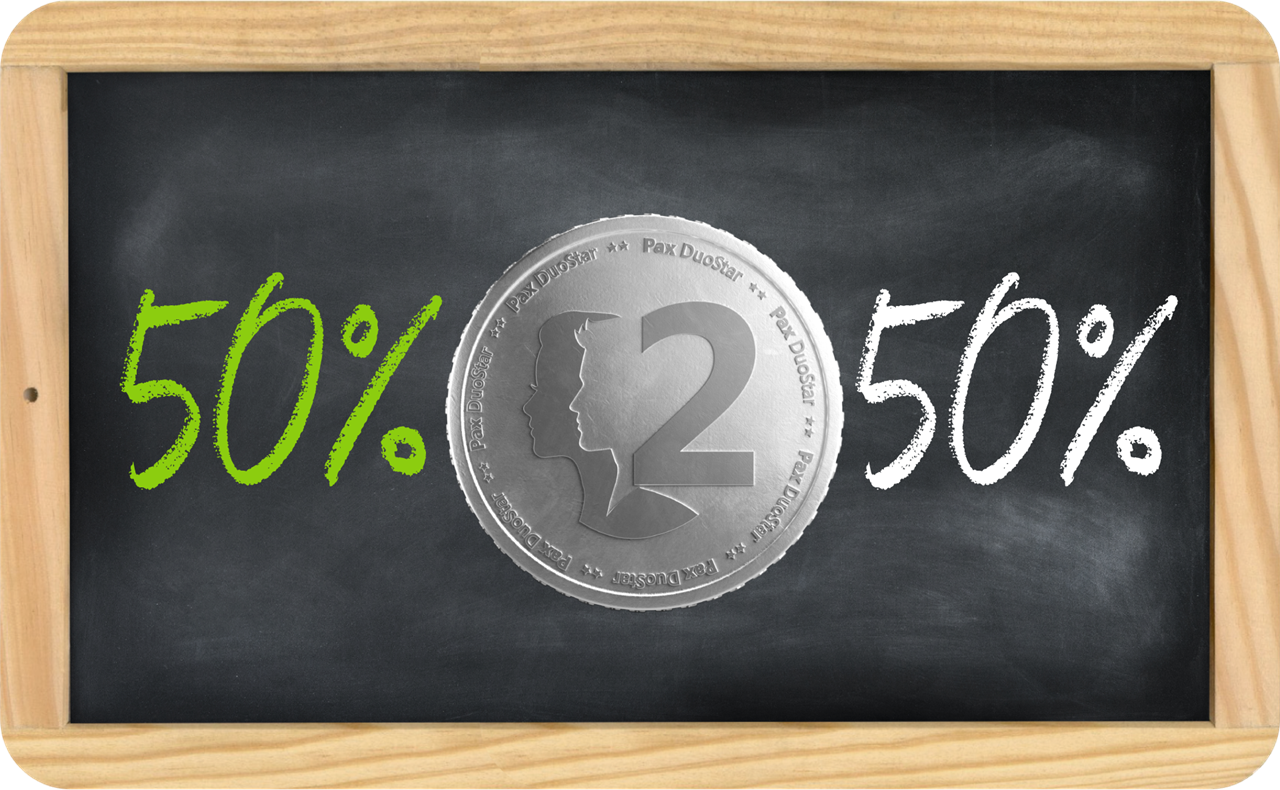 Ardoise avec une pièce de monnaie au centre et 50% à gauche et à droite