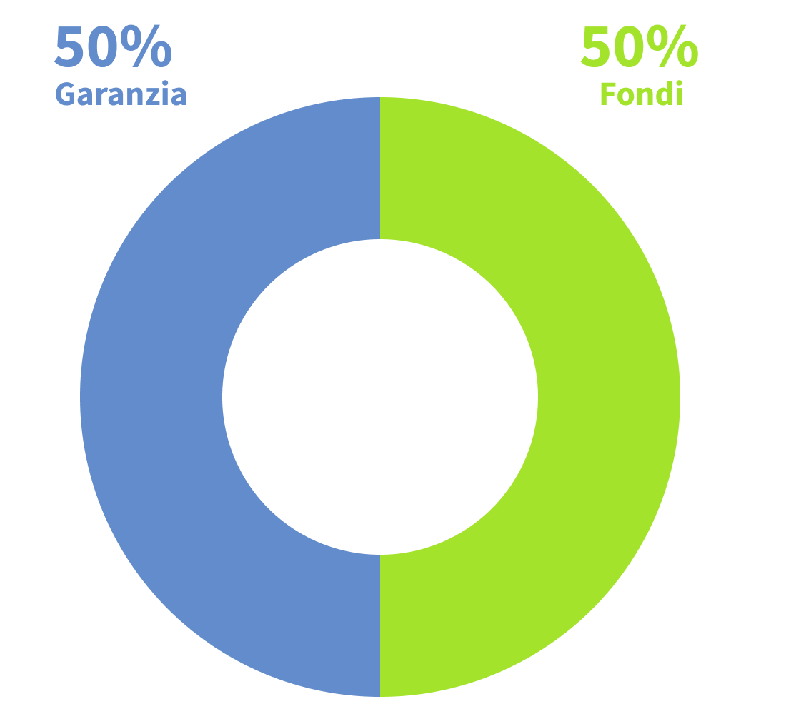 Grafik zur ausgewogenen Anlagestrategie bei Pax 3a: 50 % des Kapitals in garantierte Anlagen, 50 % in nachhaltige Fonds investiert. Geeignet für mittleres Risiko und Renditechance.