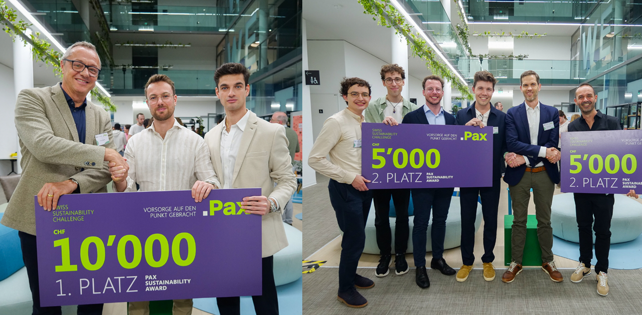 Peter Kappeler, CEO von Pax, Christoph Jorns, CFO von Pax, Roland Ingold, CIO von Pax, und Prof. Dr. Claus-Heinrich Daub, Dozent für nachhaltige Unternehmensführung an der FHNW und Projektleiter der Swiss Sustainability Challenge, gemeinsam mit den Gewinnerinnen und Gewinnern der Pax Sustainability Awards 2025.
